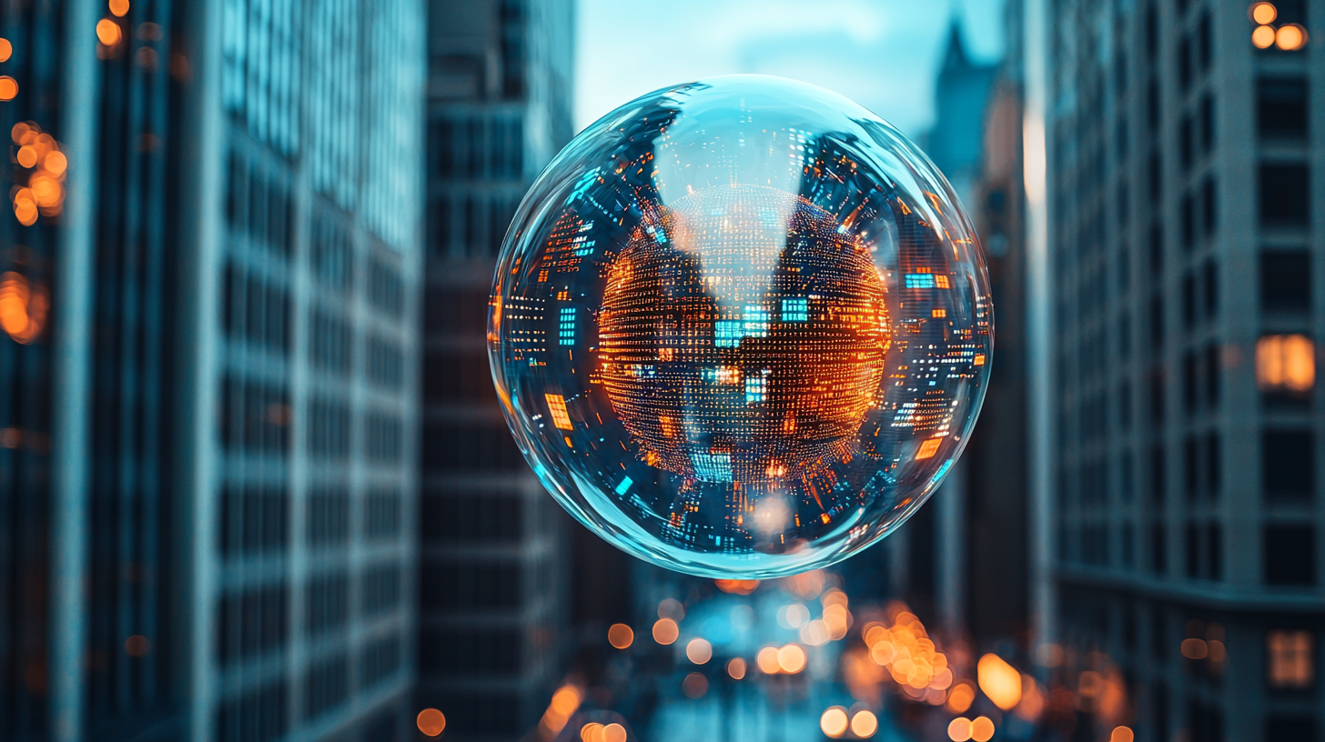 Bańka inwestycyjna sztucznej inteligencji unosząca się nad Wall Street – symbol euforii i ryzyka na rynku AI.