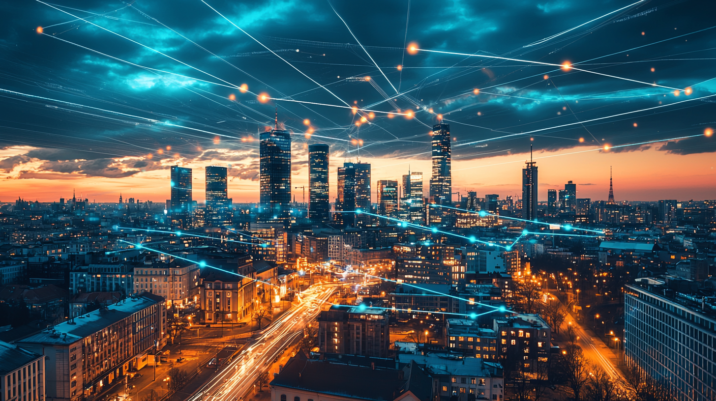 Polska panorama miasta z nowoczesnymi biurami technologii AI – symbol szansy dla polskich firm IT w globalnej rewolucji sztucznej inteligencji.