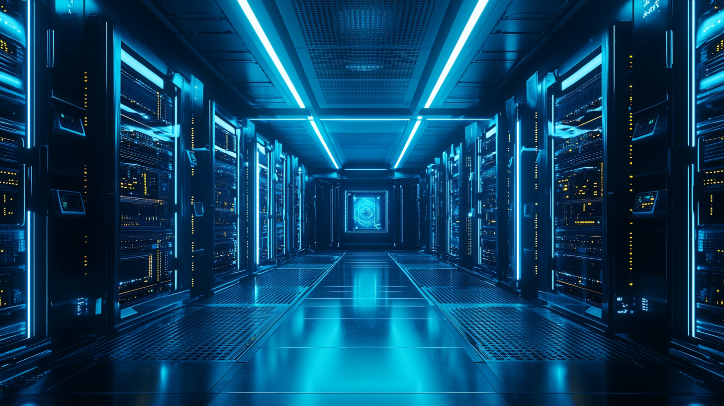 Wnętrze nowoczesnego centrum danych z setkami procesorów GPU i systemami chłodzenia – infrastruktura napędzająca rozwój AI.