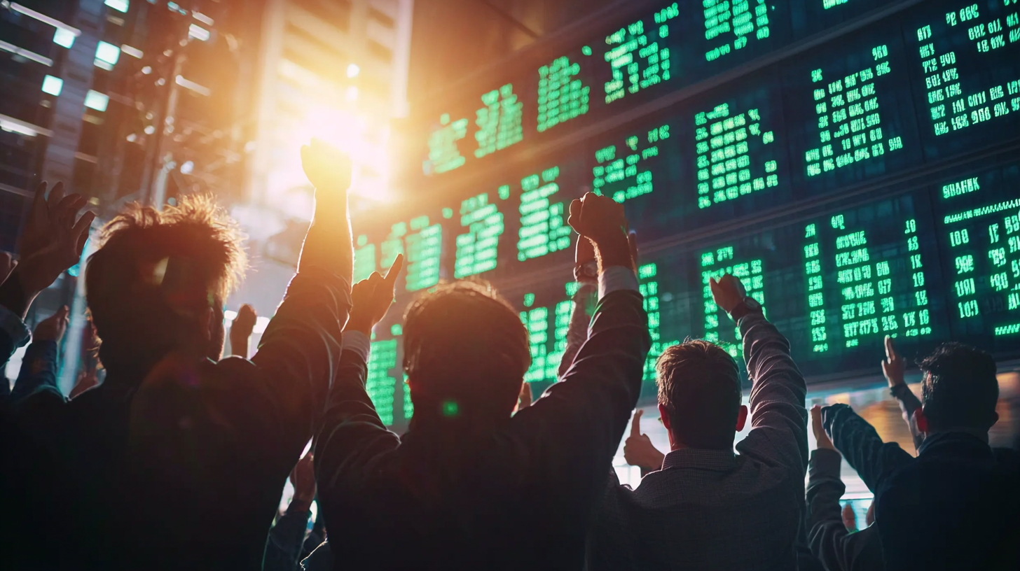 Inwestorzy świętujący wzrosty na rynku akcji firm AI – symbol globalnej euforii wokół sztucznej inteligencji i boomu technologicznego.